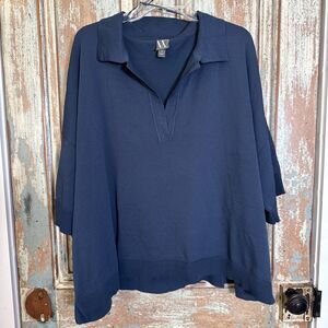 Worthington Women’s Navy Blue Short Sleeve Sweater Blouse 3X Collar V Neck